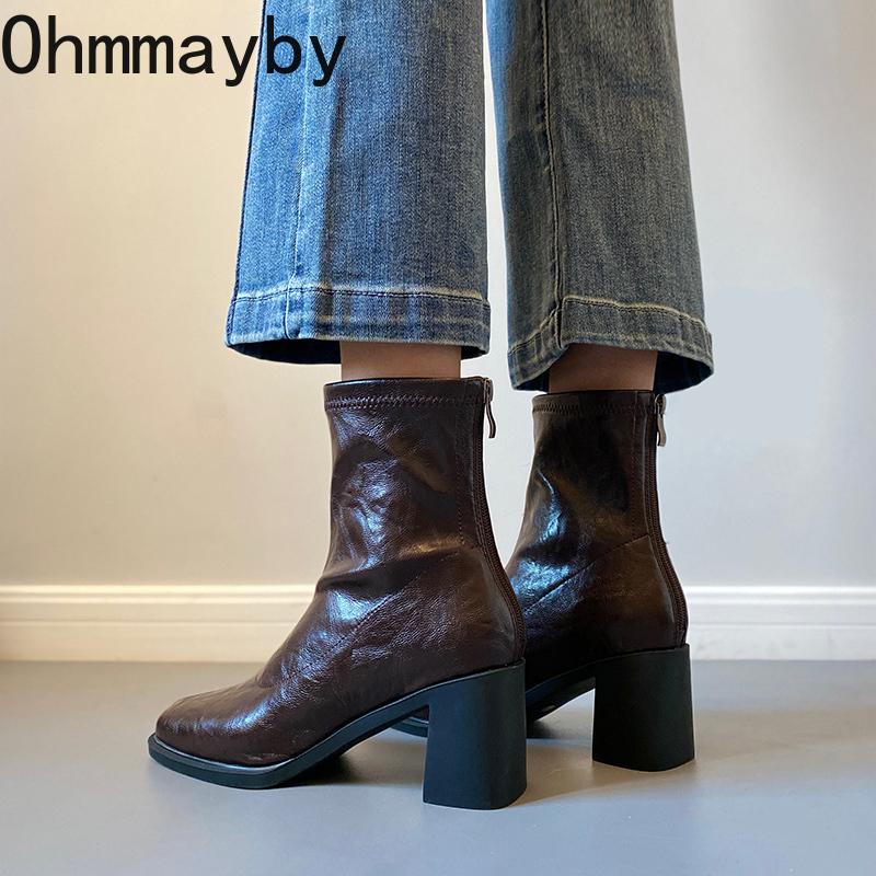 Autumn Vintage Elastic Slim Women Ankle Boots Fashion Soft Leather Shoes Ladies Elegant Thick Heel Mordern Short Booties