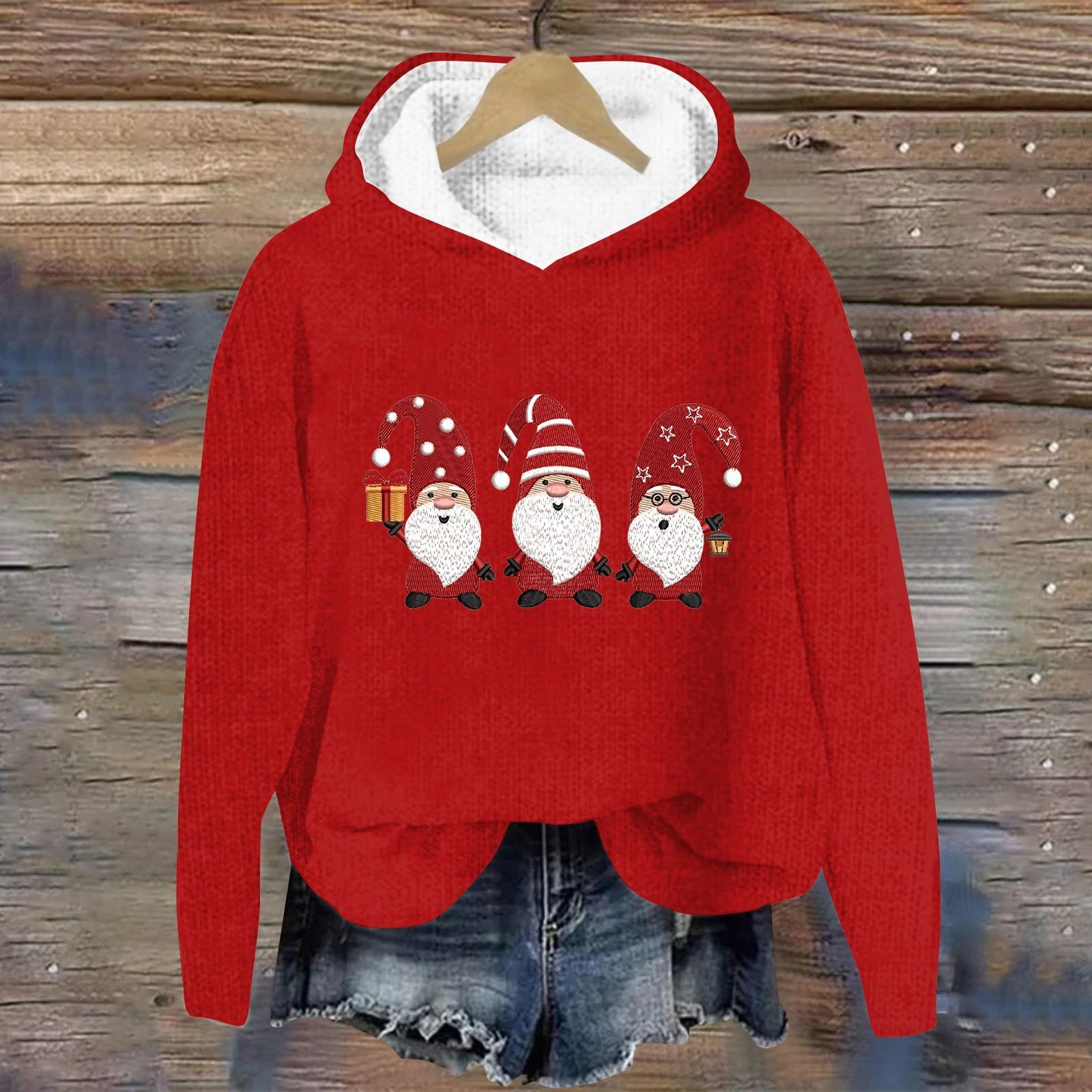 

Женская мода повседневная толстовка с длинными рукавами и рождественским принтом, трикотажный свитер с капюшоном XXL винный