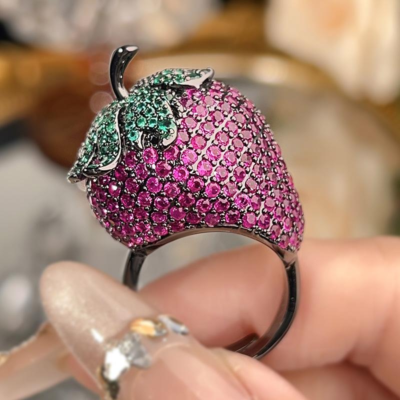 Anello Aperto Esagerato Gioielli Fragola Colore Oro Nero Tesoro Moda Stile Lusso Donna Sensazione Premium Consegna Lotti