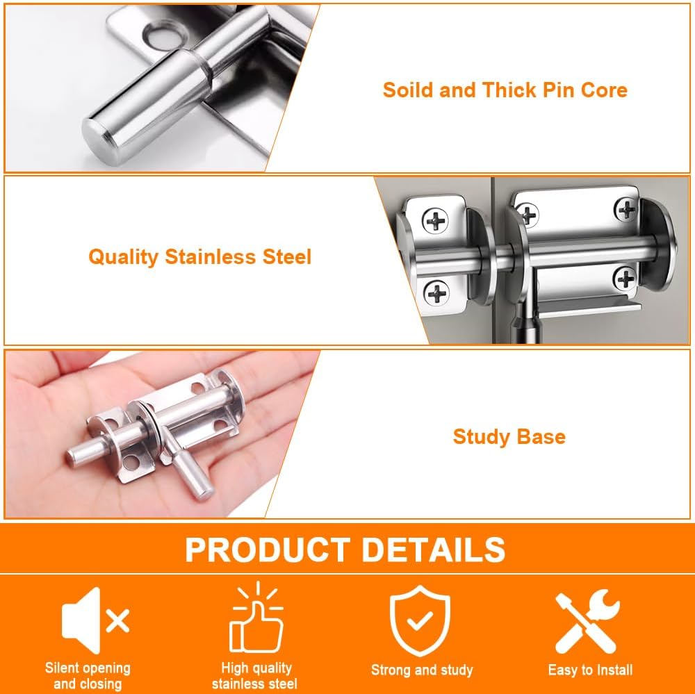 10/1pc Small Stainless Steel Sliding Lock Security Door Bolt Home Hardware Gate Latches Bedroom Bathroom Toilet Door Bolt Locks