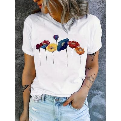 Women's Floral & Butterfly Print Casual T-Shirt - Short Sleeve Round Neck Breathable for All-Season Wear, Ladies T Shirts