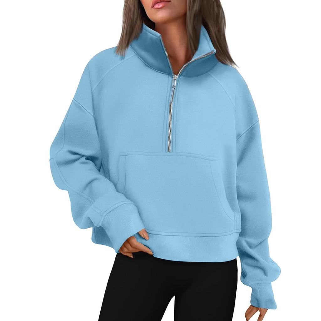Women's Stand Collar Plus Fleece Solid Color Hoodie Long Sleeve Pocket Loose Half Zip Pullover Hoodie Top