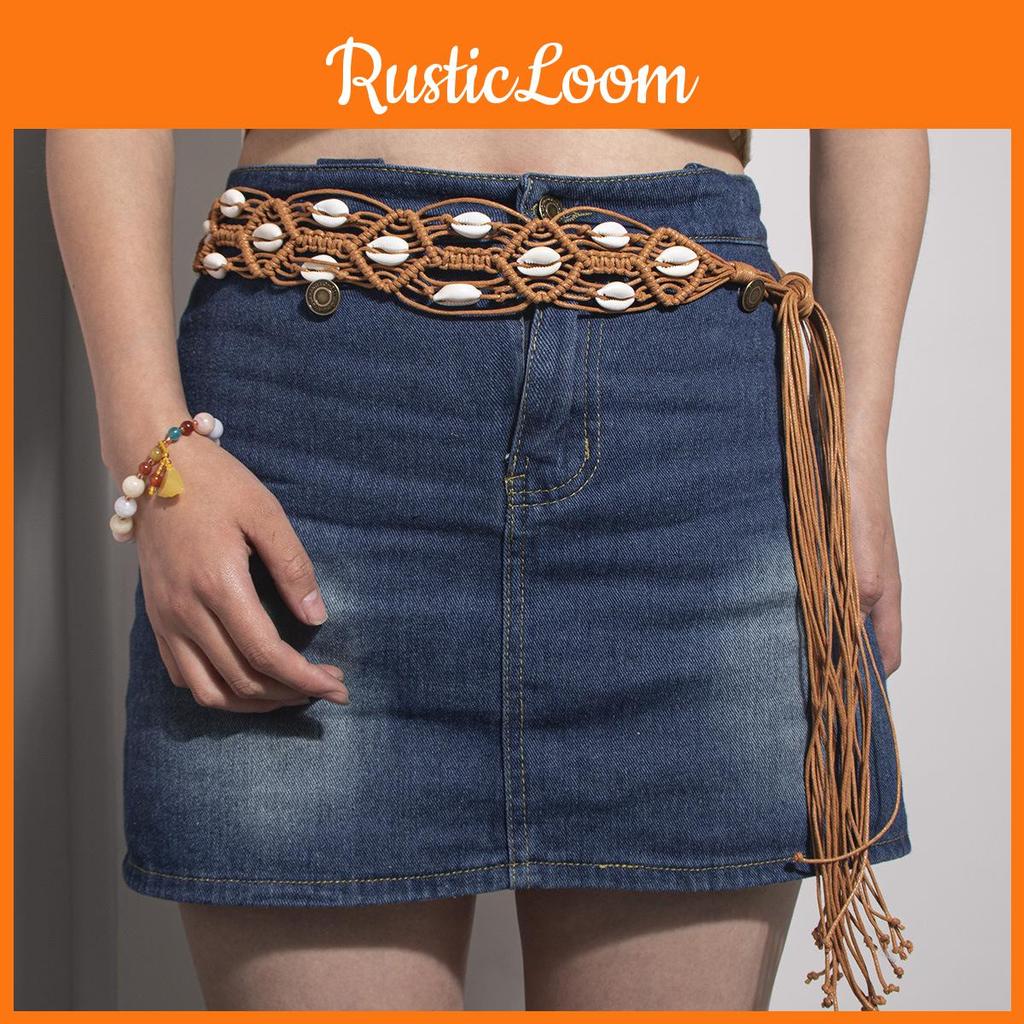 Bohemian Leather Shell Waist Band For Women With Wide Woven Cord And Versatile Style