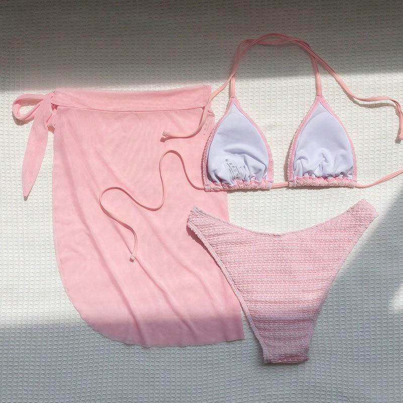2025 Mesh Lace-Up Solid Color Bikini Set: Sexy Three-Piece Swimwear for Women