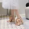 European and American Large Size One-word with Thick Heel Women's Sandals Satin Rhinestone High Heel Lace-up Bow White Rhinestone Women's Shoes 43