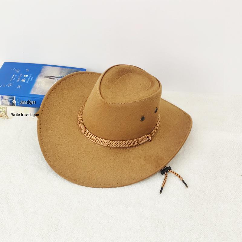 Unisex Wide Brim Straw Cowboy Hat with Windproof Rope and Sun Protection