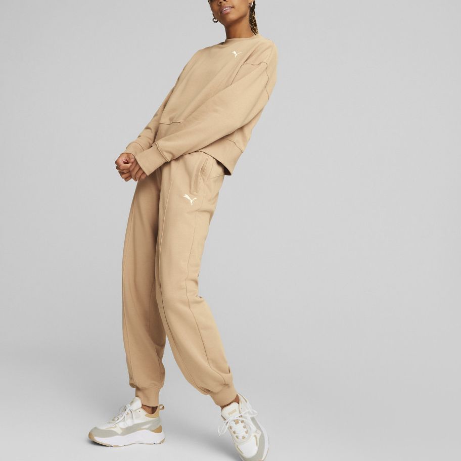 Puma Her Crew TR Solid Color Round Neck Sports Sweatshirt Women Sweatshirt Khaki 673109-89