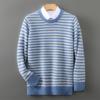 Men's 100% Pure Wool Striped Round Neck Sweater - Casual Cashmere Knitwear