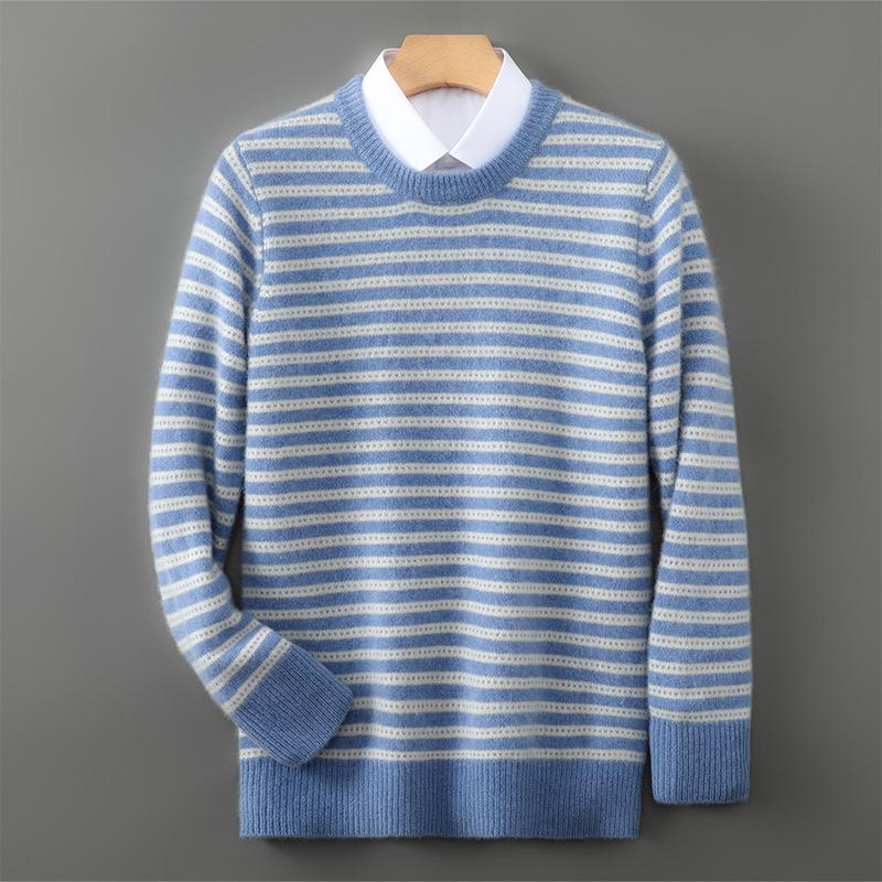 Men's 100% Pure Wool Striped Round Neck Sweater - Casual Cashmere Knitwear