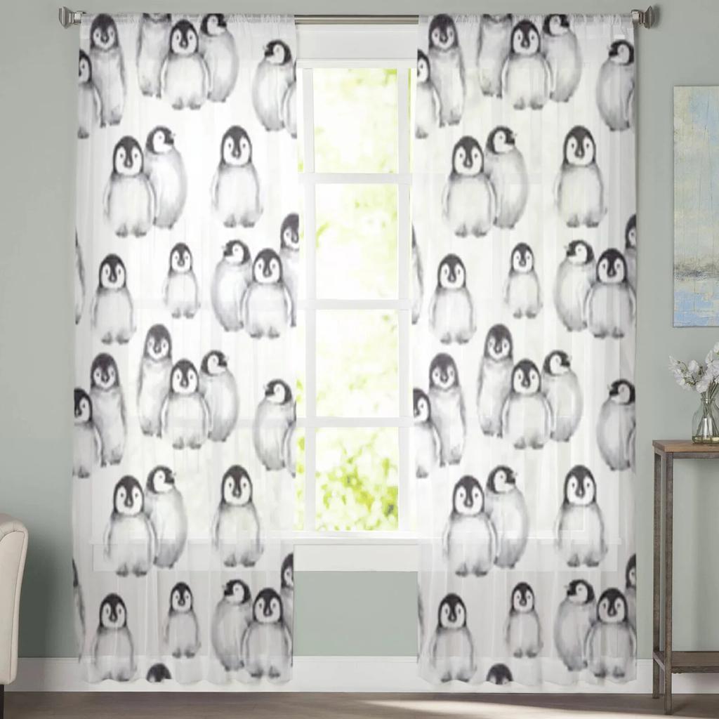 Cute Baby Penguins Sheer Window Curtains For Living Room Bedroom Modern Voile Tulle Curtains Fabric Drapes For Kitchen