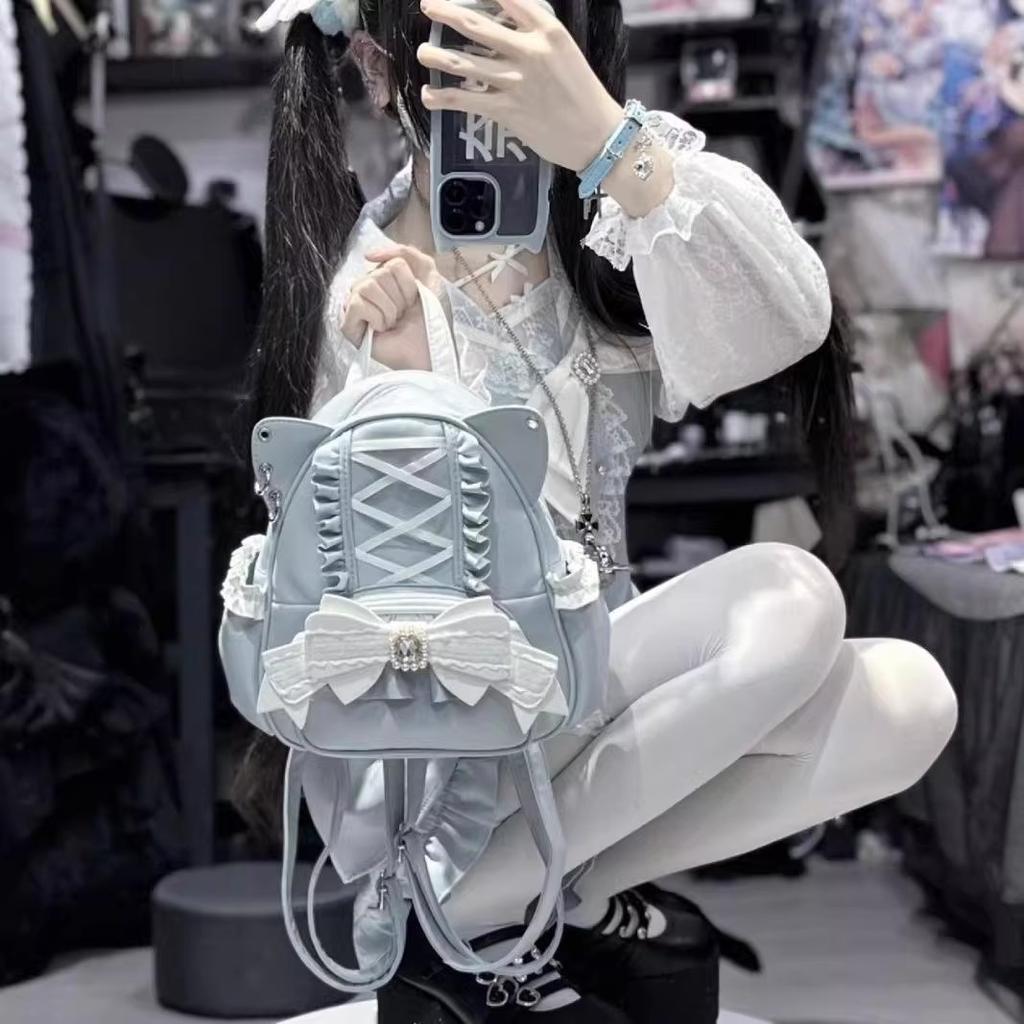 New Fashion Cute Cat Ear Backpacks Lace Bow Decoration Sweet Women Y2K Punk Knapsack Lolita Girls Large Capacity School Rucksack