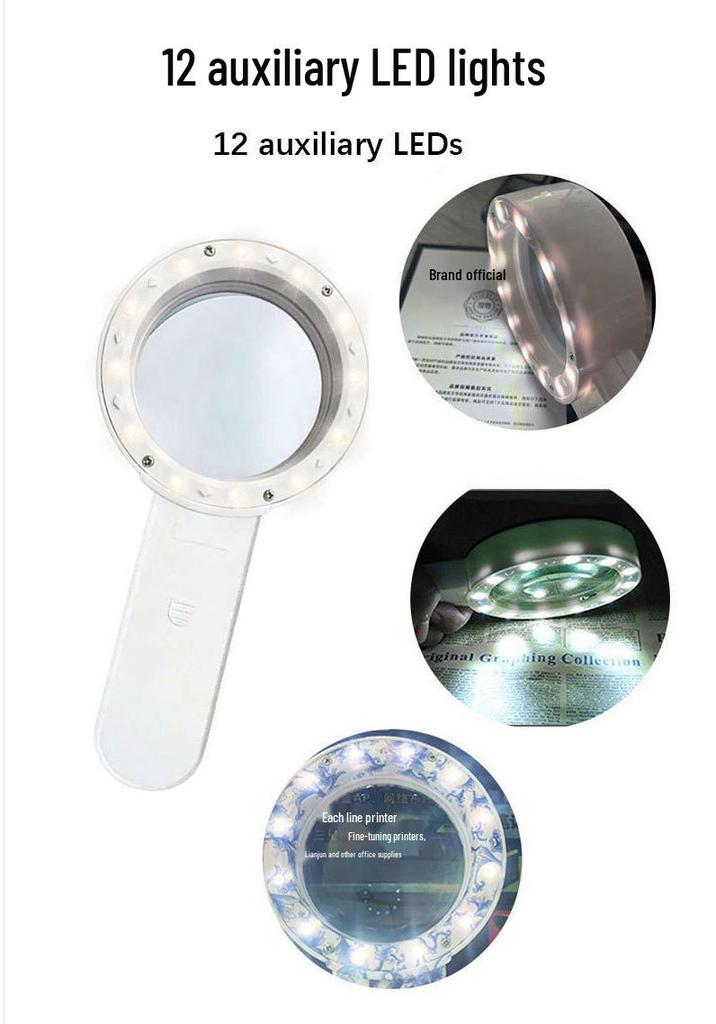 30x Handheld Reading Magnifier with 12 LED Lights - High Magnification Double Lens for Elderly Use