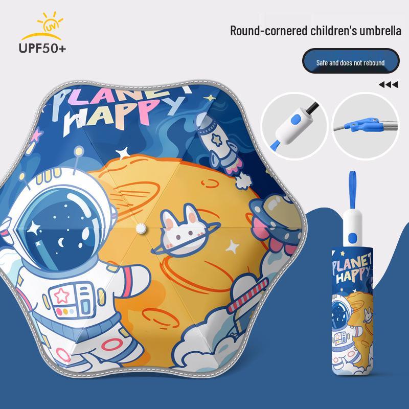 Children s Automatic Rounded Corner Umbrella with Anti-Rebound, UV Protection, Reflective Strips for All-Weather