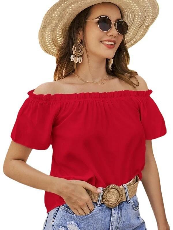 Women's Loose-fit Off-the-shoulder Boat-neck Ruffled Short-sleeved Shirt