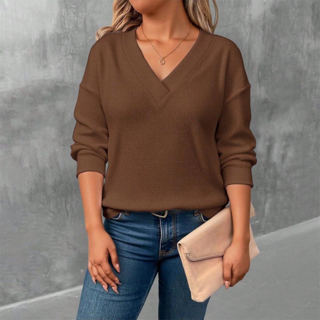 Women's Comfortable Loose Fashion Casual Solid Color V-Neck Long Sleeve Plus Size T-Shirt Top