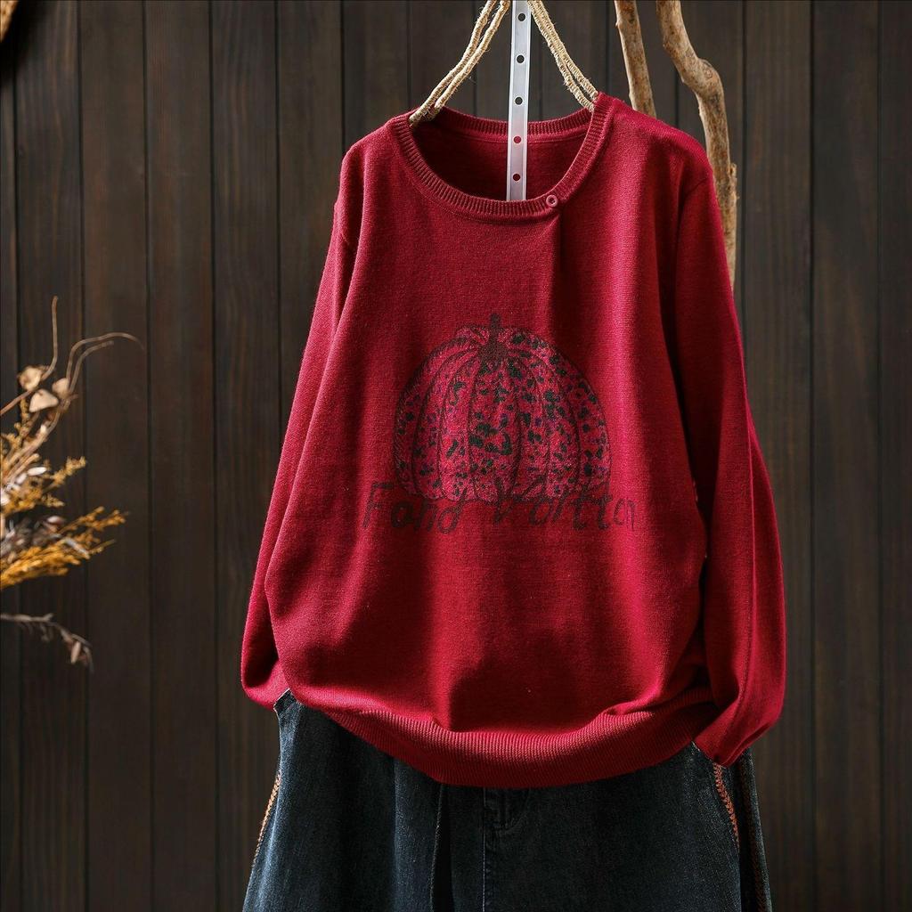 2026 Autumn Women's Pumpkin Print Knit Sweater: Age-Reducing Versatile Round Neck, Long Sleeve Top