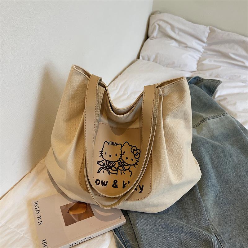 New Large capacity Kitty Women s Canvas Bag Versatile Cute Shoulder Bag Kawaii Cat Tote Handbag Sweet Cartoon Women s Handbag