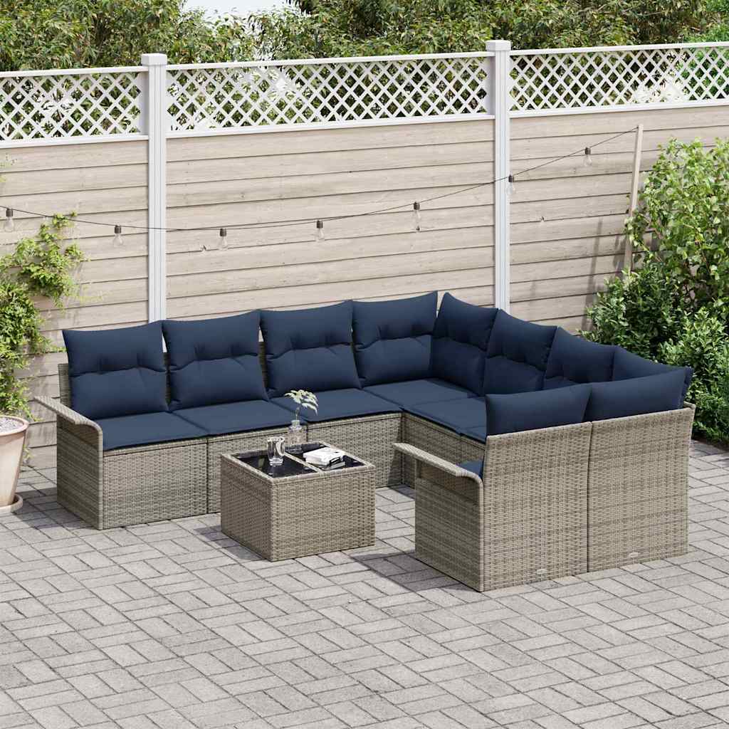 9 Piece Garden Sofa Set with Cushions Gray and Navy Blue Poly Rattan