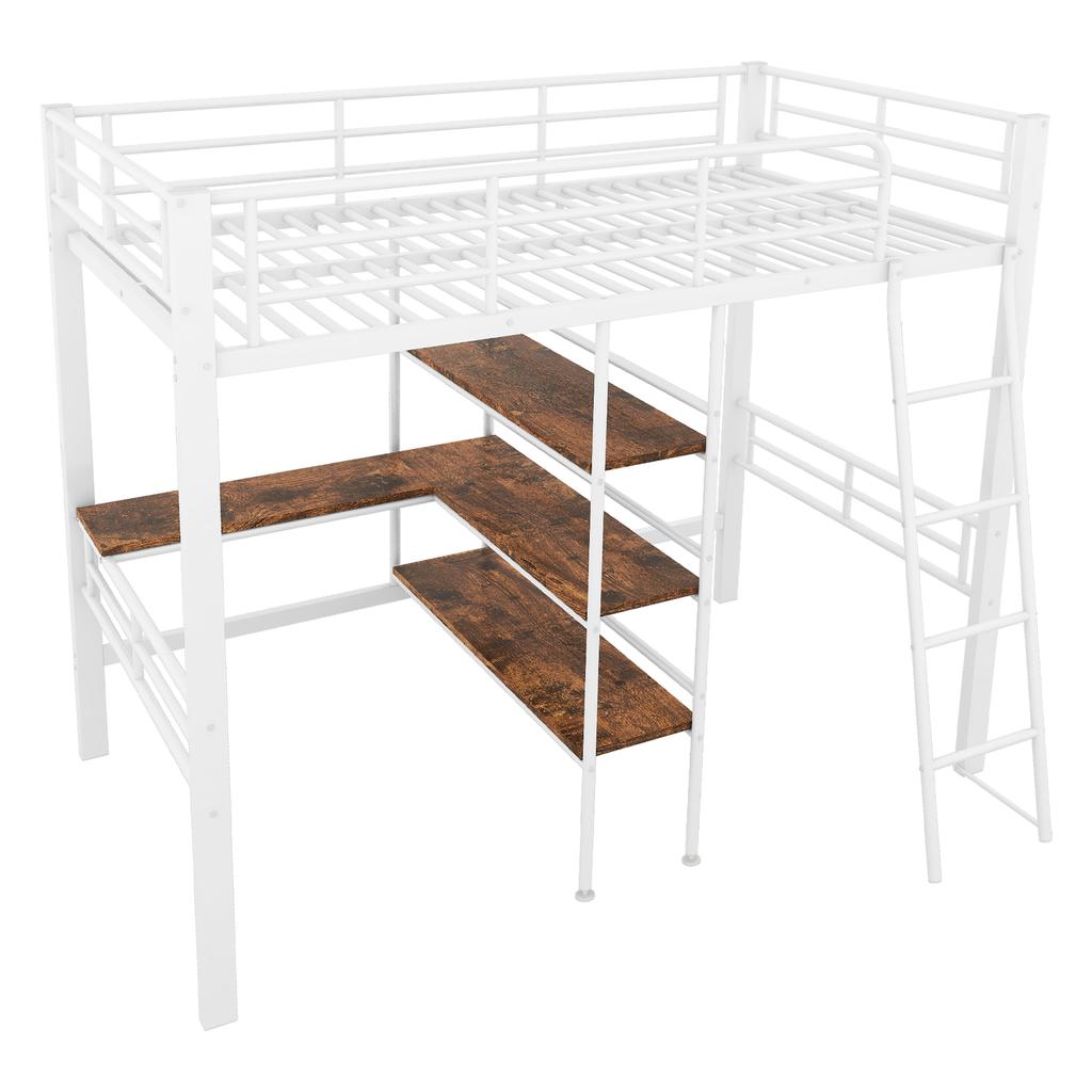 Letto a soppalco, 90*200cm, senza materasso, letto con scrivania, più ripiani, ringhiera, scaletta, struttura in ferro, bianco