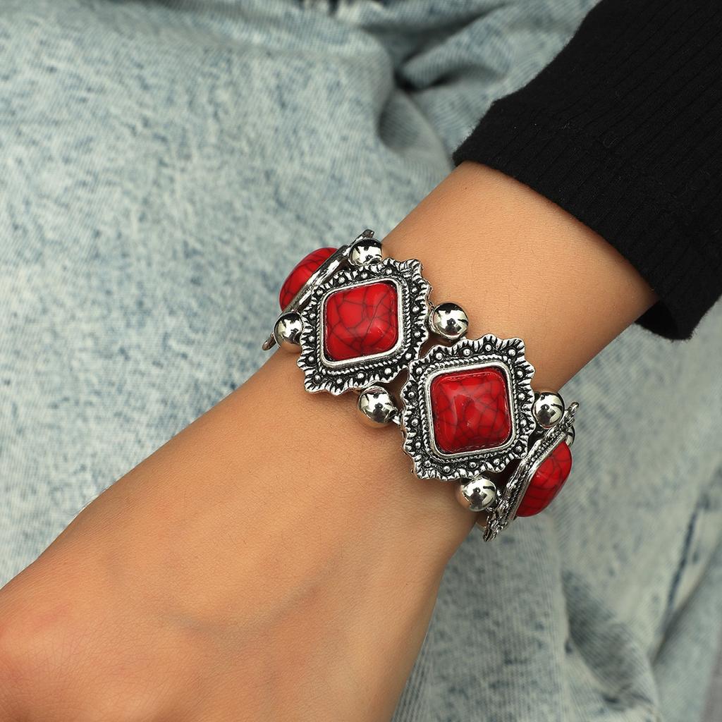 BLINGBAY Women's Vintage Bohemian Turquoise Stretch Bracelet Ethnic Alloy Cuff Bangle Jewelry
