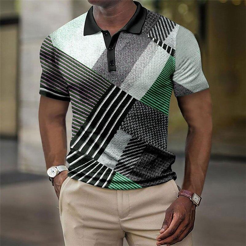 Geometric Grid and Stripe Splicing 3D Digital Printing Men's Comfortable Polo Shirt