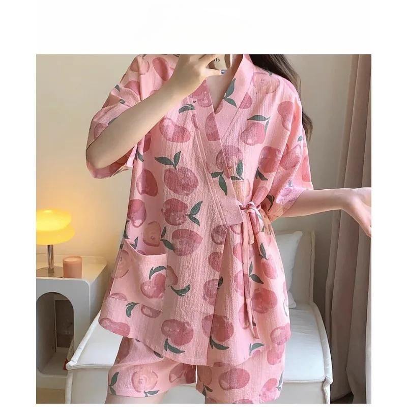 Damska Bielizna Nocna Odzież Domowa Kimono Piżama Student Krótki Rękaw Szorty Brzoskwiniowy Wzór Komplet Góra i Spodnie Bielizna Nocna Wygodna