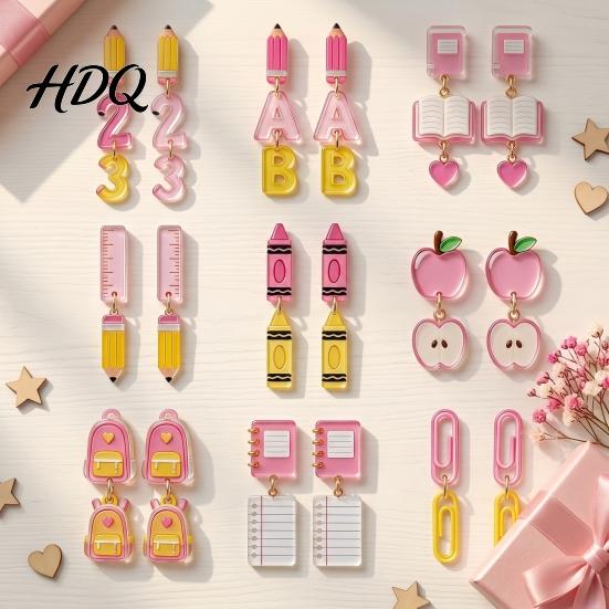 Youthful Look Fashion Accessories 1 Pair Teacher Earrings for Women Cute 2D Acrylic Crayon Pencil Backpack Stationery Themed Jewelry Teachers Number