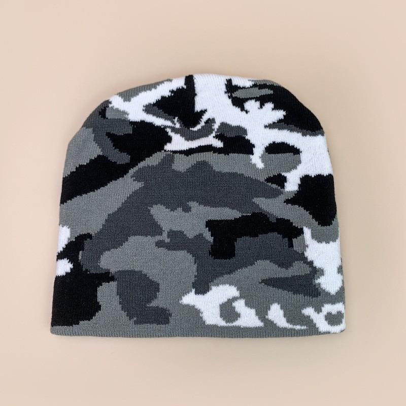 Hip Hop Camo Knit Beanie Men Women Color Block Warm Streetwear Fall Winter