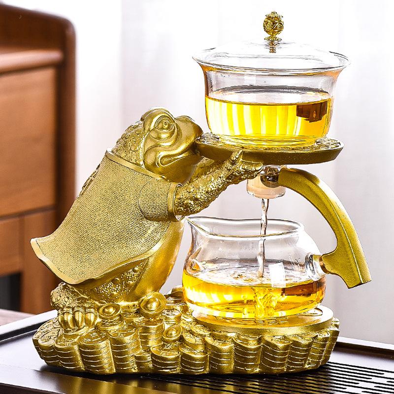 Kreativní konvička ve tvaru čajové žáby Automatický čajovar Konvička a šálek na čaj Pu'er Oolong Žáruvzdorná skleněná konvička Podstavec