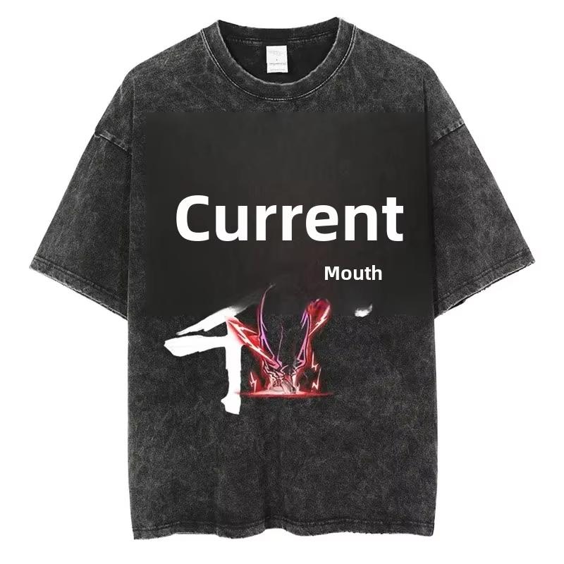 

Summer Washed Black Loose Anime Printed Men s T-shirt Japanese Style Stand Collar Short Sleeve Polyester Blend T-shirt 3XL
