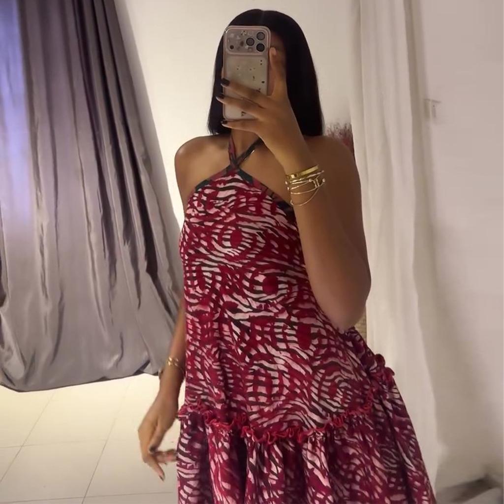 European and American Summer New African Spice Girl Style Neck Halter Ruffle Edge Print Dress