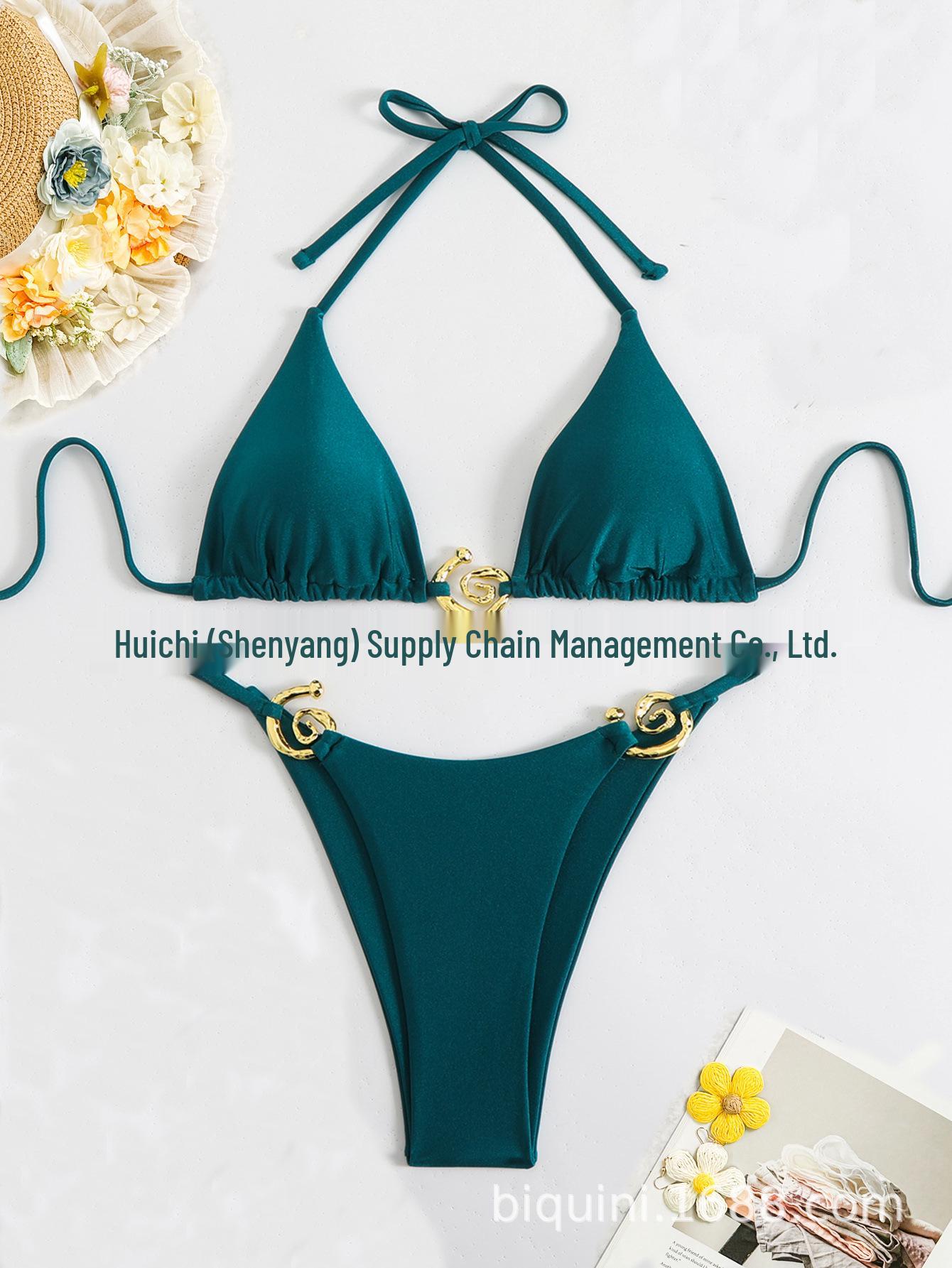 

Однотонное европейское и американское бикини для женщин с металлическим кольцом - Сексуальный раздельный купальник Large циан