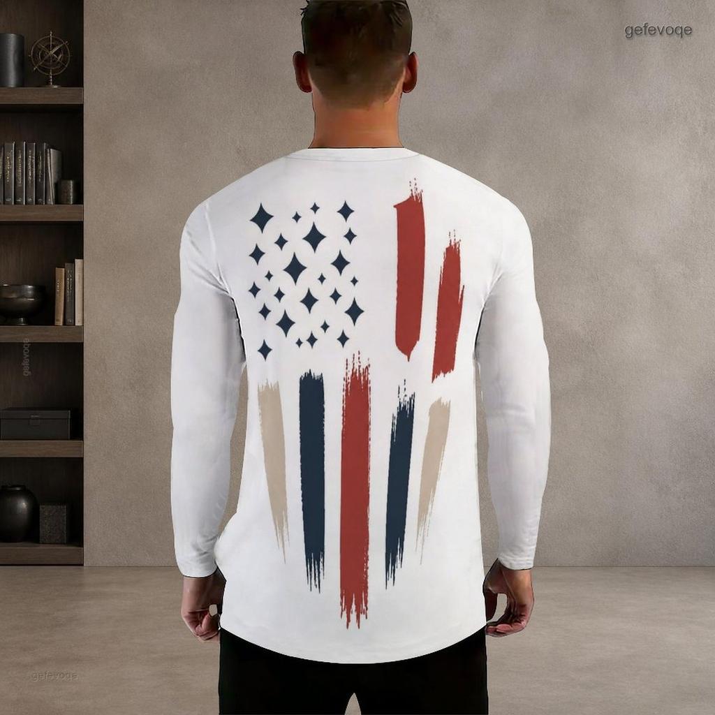 Men S Plus Size Round Neck Long Sleeve Vintage American Flag Printed Pullover T Shirt Straight Hem