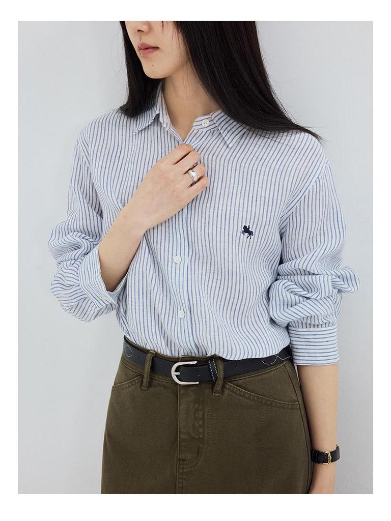 Shi Jian 100% Linen Striped Shirt with Embroidered Horse Design, Loose Fit, Spring Style.