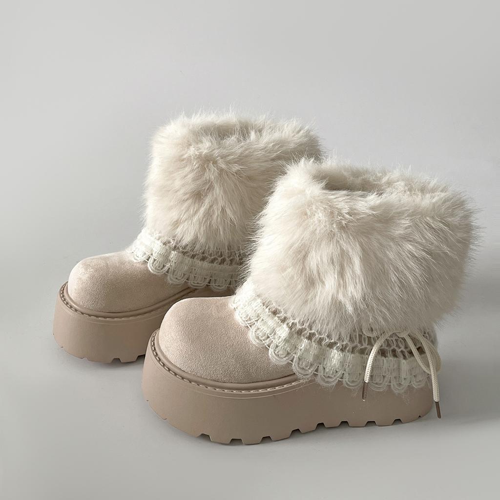 Women's Thick Sole Fuzzy Snow Boots, Lace Decor Autumn Winter Warm Cross-Border Sweet Short Boots