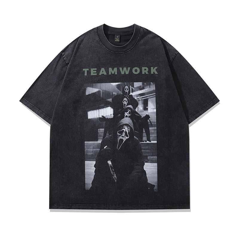 T-shirt a maniche corte lavata effetto invecchiato, stampa a iniezione diretta, ritratto spoof retrò americano, taglia oversize da uomo e da donna, manica a metà