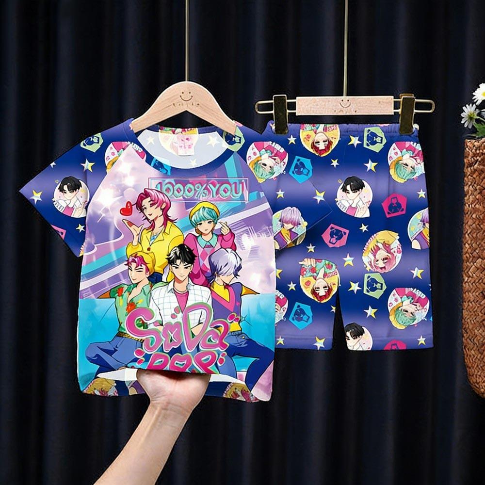 Kids Girls Boys 2PCS Pajamas Set K-pop Style Anime Short Sleeve T-shirt + Shorts Summer Comfortable Children Homewear Nightwear