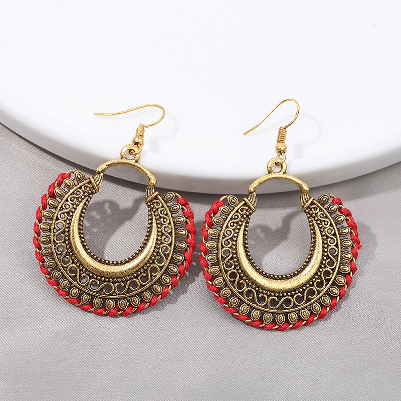 Bohemian Vintage Fashion Rope Wrap Earrings For Women Carved Hollow Geometric Drop Dangle India Earrings Boho Jewelry Wholesale
