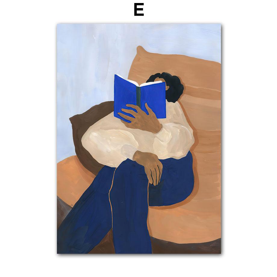 Blue Striped Girl Book Leaves Wall Art Canvas Painting Abstract Posters And Prints Hotel Bar Wall Pictures For Living Room Decor