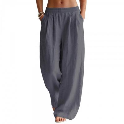 Womens Linen Blend Wide Leg Pants Loose Fit Casual Trousers With Pockets Beach Vacation Travel