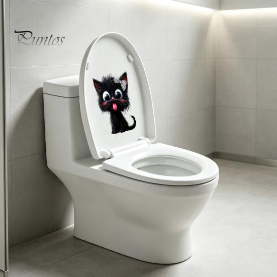 Removable PVC Wall Clings Halloween Cute Tongue Out Black Cat Toilet Lid Sticker, Cartoon Kitty Healing Style Room Decorations Bathroom Decal,