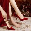 Sexy Design Shoes Flock Shoes Thin High Heel  Luxury WineRed Pointy Toe Pumps Shallow Cut Pearls Wedding Shoes Zaptos Mujer