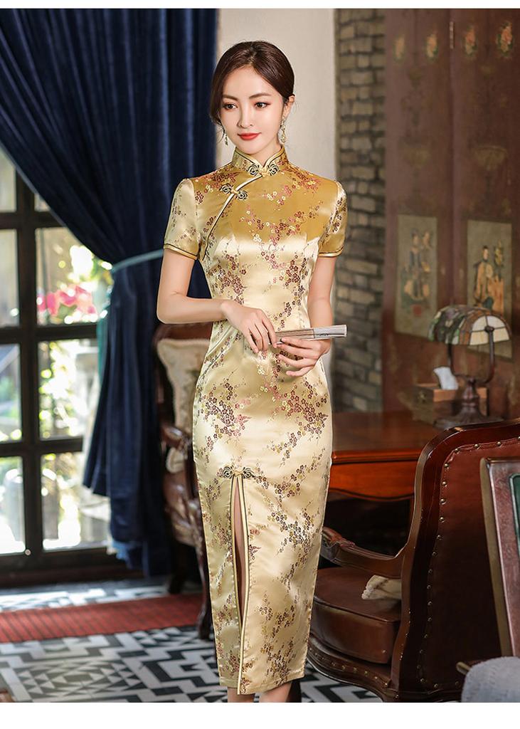 1011 Spring New Short Sleeve Long Brocade Young Retro Red Chinese Style Skinny Women's Dress Large Size