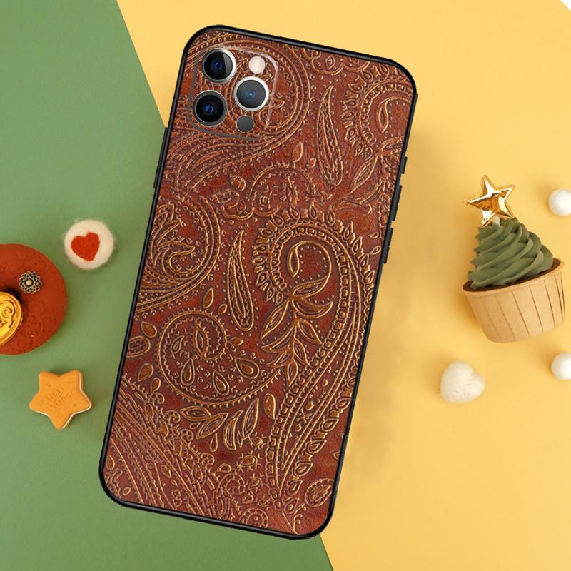 Brown Hand Tooled Western Phone Case For iPhone 17 16 16E 15 14 12 11 13 Pro Max 12 13 Mini 17Air Shockproof Cover