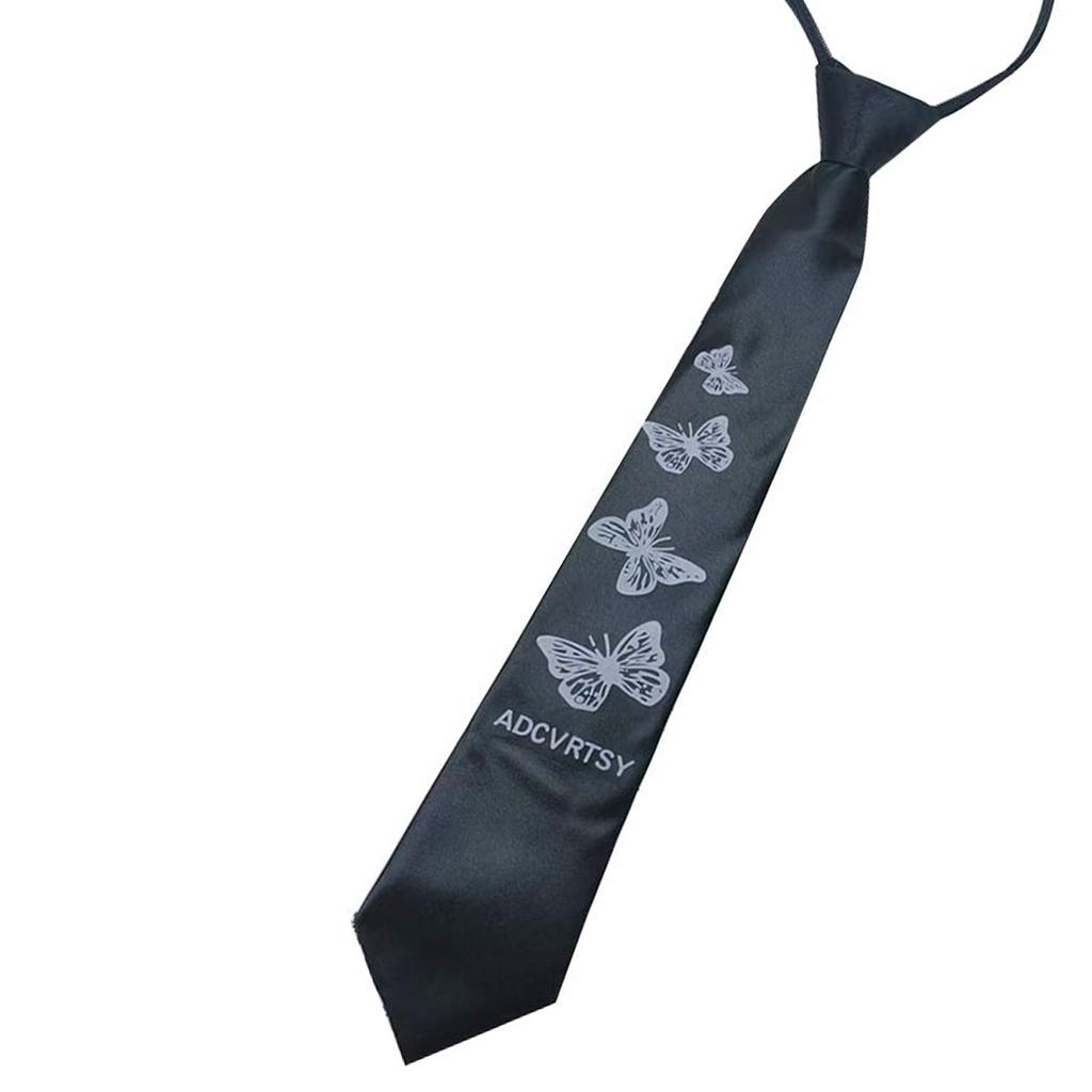 Unisex Japanese Campus Neck Tie Elegant Butterfly Floral Print Zippers Pre Tied Tie for Student Uniform and Shirt Collar