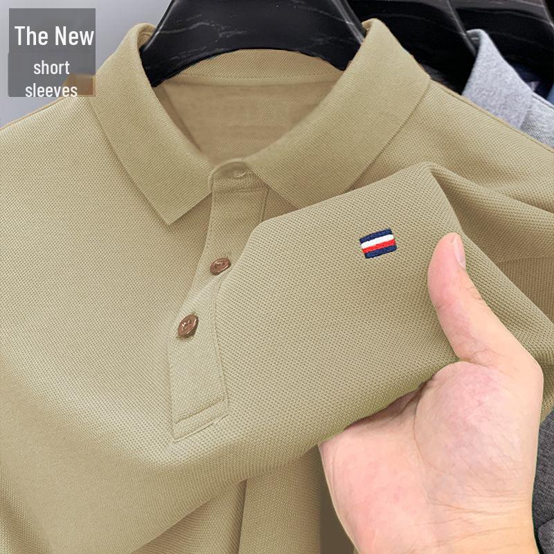 

Лето 2024 г. Мужская рубашка-поло с вышитым цветочным узором — короткий рукав, однотонная, дышащая повседневная футболка L хаки