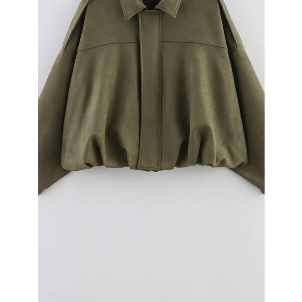 New Women's Suede Texture Effect Loose Version of Fashion Lapel Shoulder Bomber Jacket