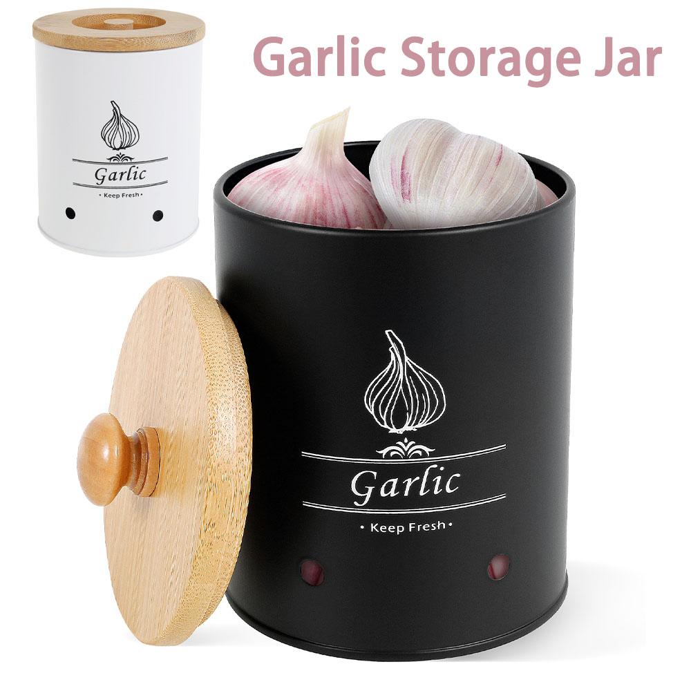Garlic Keeper Storage Jar Versatile Onion Potato Garlic Storage Box with Wood Lid Food Containers with Aerating Holes for Home bianco
