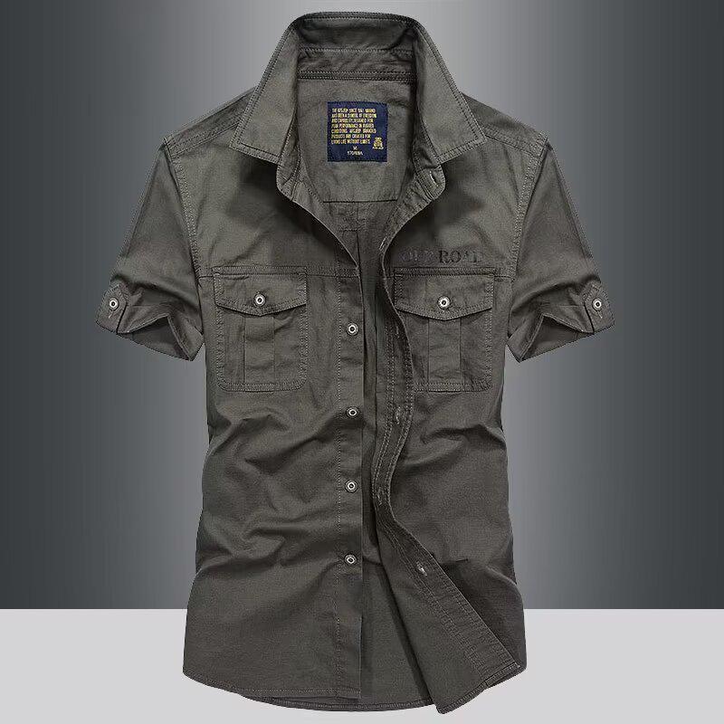 Men Multi Pockets Tooling Shirts Summer Short Sleeve Shirts High Quality Men Cotton Casual Shirts Size 5XL