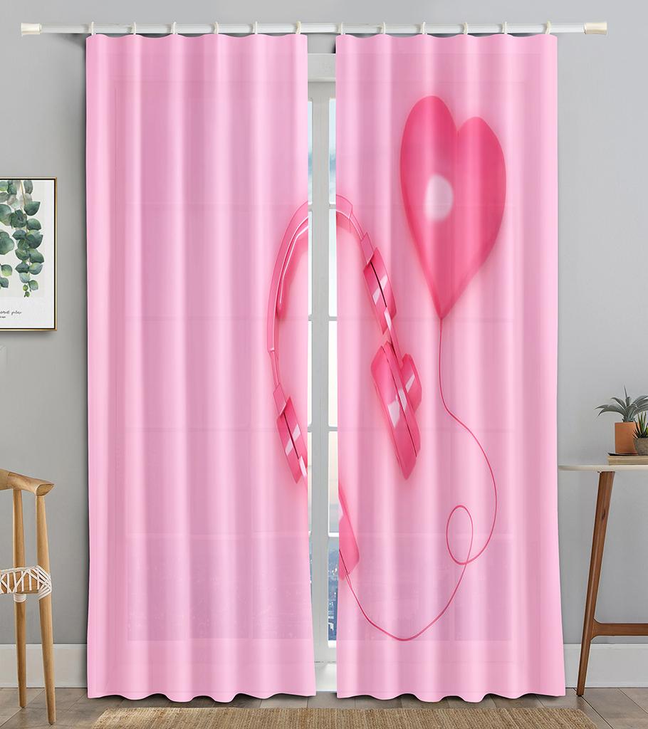 Earphone Music Red Heart Pink WaveBlackout Window Curtain for Living Room Bedroom Bathroom Kicthen Door Cupboard Decor Hooks